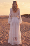 Long Sleeve Lace White A Line Pleated Wedding Dress with Belt