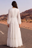 Long Sleeve White A Line Lace Pleated Maxi Wedding Dress