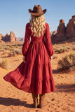Red Long Sleeve A Line Ruffled Boho Midi Dress