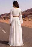 White Long Sleeve A Line Pleated Lace Wedding Dress with Belt