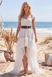 High Low White A Line Lace Ruffled Boho Wedding Dress