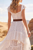 High Low White A Line Lace Ruffled Boho Wedding Dress