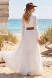 Long Sleeve White A Line Lace V Neck Wedding Dress with Belt