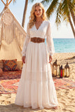 Long Sleeve White A Line Lace V Neck Wedding Dress with Belt
