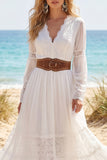 Long Sleeve White A Line Lace V Neck Wedding Dress with Belt
