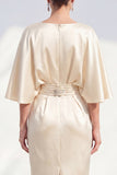 Champagne Satin Bodycon Ruched Midi Mother of the Bride Dress