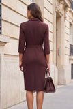 Notched Lapel Brown Bodycon Midi Work Dress with Belt