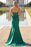 Strapless Dark Green Mermaid Ruched Corset Prom Dress With Slit