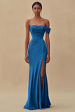 One Shoulder Purple Ruched Sheath Long Formal Dress with Slit