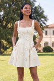 Square Neck Black Floral A Line Homecoming Dress