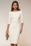 Bodycon Navy Bateau Neck Short Work Dress With 3/4 Sleeves