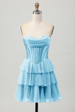 Blue Corset Strapless Tiered A Line Homecoming Dress