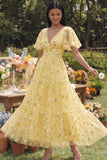 Floral Champagne Short Sleeve A Line Wedding Guest Dress