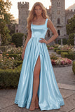 Blush A Line Square Neck Satin Prom Dress with Pearls