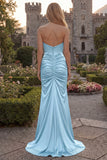 Strapless Burgundy Mermaid Satin Ruched Maxi Prom Dress