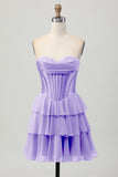 Blue Corset Strapless Tiered A Line Homecoming Dress
