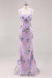 Pink Floral Sequin Square Neck Mermaid Maxi Prom Dress