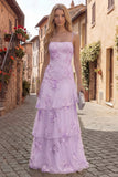 Tiered Appliqued Yellow Maxi Prom Dress