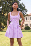 Square Neck Black Floral A Line Homecoming Dress