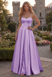 Strapless A Line Satin Fuchsia Maxi Prom Dress