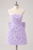 Fuchsia A Line Floral Strapless Mini Dress With Bow
