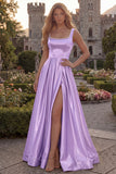 Blush A Line Square Neck Satin Prom Dress with Pearls