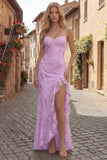 Yellow Appliqued Ruffled Prom Dress with Slit