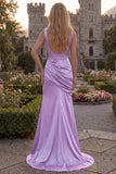 Cowl Neck Mermaid Burgundy Satin Prom Dress with Slit