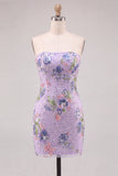 Strapless Sequins Pink Floral Bodycon Homecoming Dress