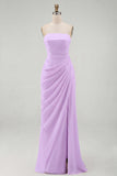 Light Pink Strapless Ruched Sheath Prom Dress with Slit