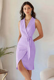 Blue Sheath Midi Work Dress with Sash
