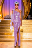 Sparkly Dark Green Sheath One Shoulder Pageant Dress With Slit