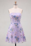 Strapless Pink Floral Sequins A Line Homecoming Dress