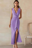 Blue Sheath V-Neck Formal Dress with Slit