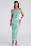 Blue Off the Shoulder Appliqued Bodycon Wedding Guest Dress