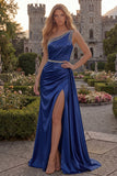Sparkly One Shoulder Dark Green Ruched Prom Dress