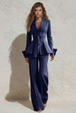 Peaked Lapel 2 Piece Ivory Ruffled Women Suits with Sash