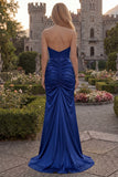 Strapless Burgundy Mermaid Satin Ruched Maxi Prom Dress