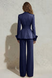 Peaked Lapel 2 Piece Ivory Ruffled Women Suits with Sash