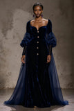 Burgundy Velvet Long Sleeve Evening Dress with Overlay