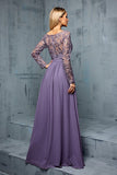 Grey Purple A Line Embroidered Chiffon Maxi Dress with Long Sleeves