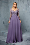Grey Purple A Line Embroidered Chiffon Maxi Dress with Long Sleeves