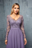 Grey Purple A Line Embroidered Chiffon Maxi Dress with Long Sleeves