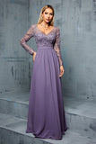 Grey Purple A Line Embroidered Chiffon Maxi Dress with Long Sleeves