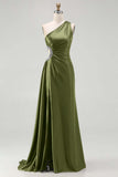 One Shoulder Cut Out Satin Black Tie Dress With Slit