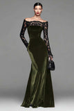 Burgundy Velvet Off The Shoulder Mermaid Formal Dress with Long Sleeves