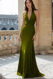 Navy Mermaid Halter Long Satin Formal Dress