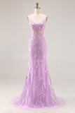 Sparkly Purple Mermaid Appliqued Maxi Prom Dress