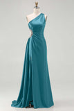 One Shoulder Cut Out Satin Black Tie Dress With Slit