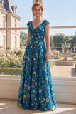 Green Cap Sleeve A Line Floral V Neck Mother of the Bride Dress